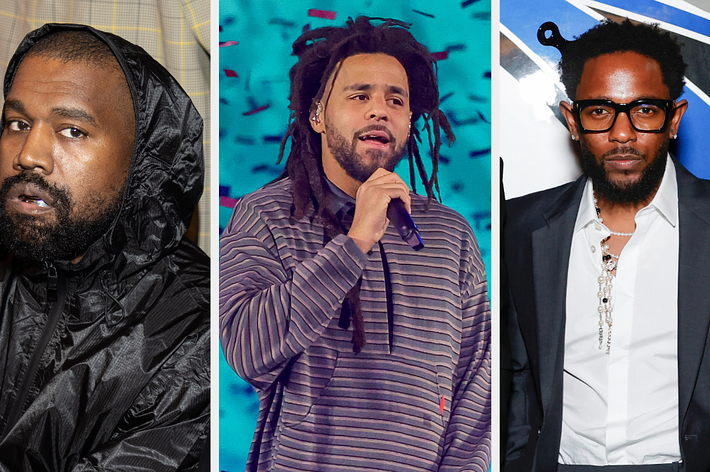 Three male artists: Ye in a black jacket, J. Cole in a striped shirt holding a mic, Kendrick Lamar in a suit with glasses