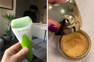 Hand holding an ice roller skincare tool; another holding a metallic bear-shaped cosmetic jar with product inside