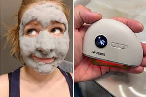 Person with facial cleansing mask alongside a skincare device