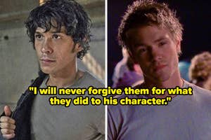 Two TV characters with a quote about a character's story arc