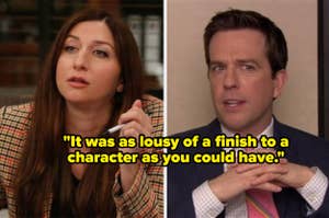 Split screen of charactas from "Da Office": biatch on tha left n' playa on tha right wit a quote on some cold-ass lil character's finish