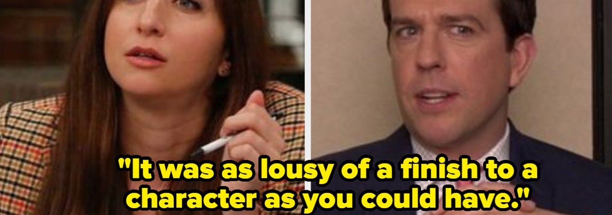 Split screen of characters from "The Office": woman on the left and man on the right with a quote about a character's finish