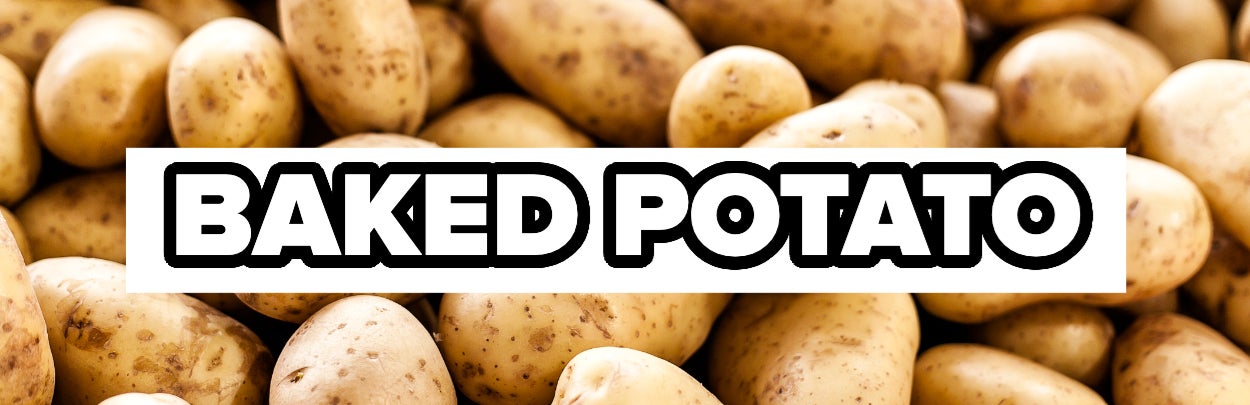 Text &quot;BAKED POTATO&quot; over a background of potatoes