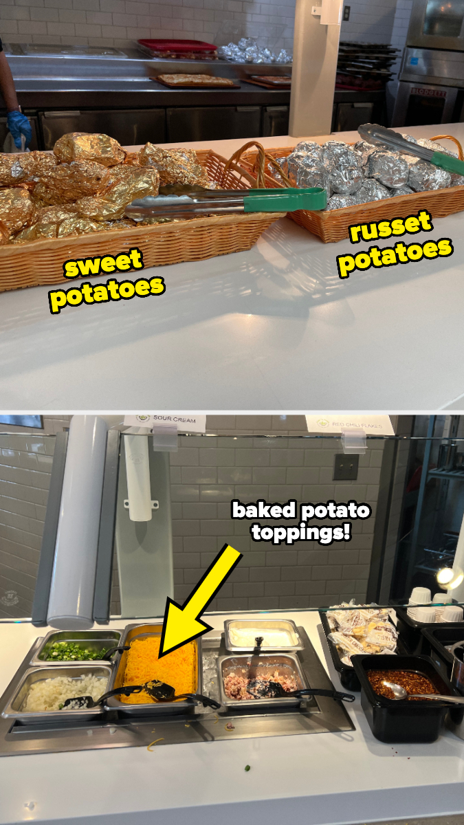 Counter with variety of potatoes and toppings for baked potatoes. Text labels potatoes and points to toppings