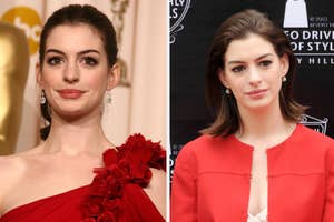 Split image of Anne Hathaway in a red rosette gown on left and in a red jacket on right at public events