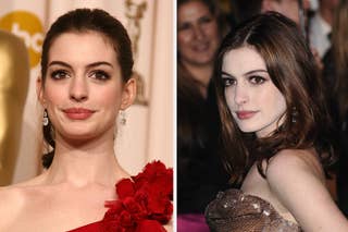 Split image of Anne Hathaway with elegant updo, wearing a red ruffled dress in one and a shimmering gown in another