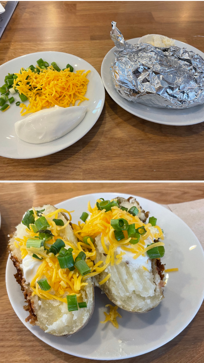 Two images of baked potatoes, one wrapped in foil, one topped with cheese, sour cream, and green onions