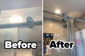 Comparison of a shower door before and after cleaning, showing improved transparency