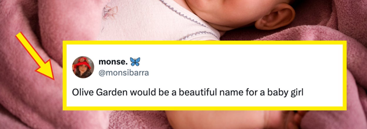 Smiling baby wrapped in pink blanket with tweet suggesting "Olive Garden" as a baby girl name
