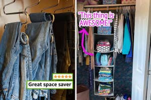 A before-and-after comparison of a closet, adding hanging storage shelves for efficient organization
