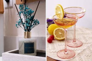 Two images: left, a reed diffuser labeled "COCORINA" on a shelf; right, two stemmed glasses with a beverage and lemon slice