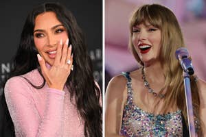 Kim Kardashian wearing a pink outfit and Taylor Swift at a microphone, both smiling
