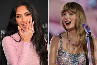 Kim Kardashian in a sequin dress and Taylor Swift with hoop earrings, both posing for the camera on separate occasions