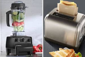 A blender with vegetables next to a toaster bag holding a grilled cheese