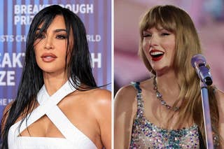 Kim Kardashian in a sequin dress and Taylor Swift with hoop earrings, both posing for the camera on separate occasions