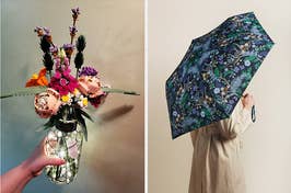 Left: Hand holding a vase with a mix of colorful artificial flowers. Right: Person standing with a patterned umbrella open