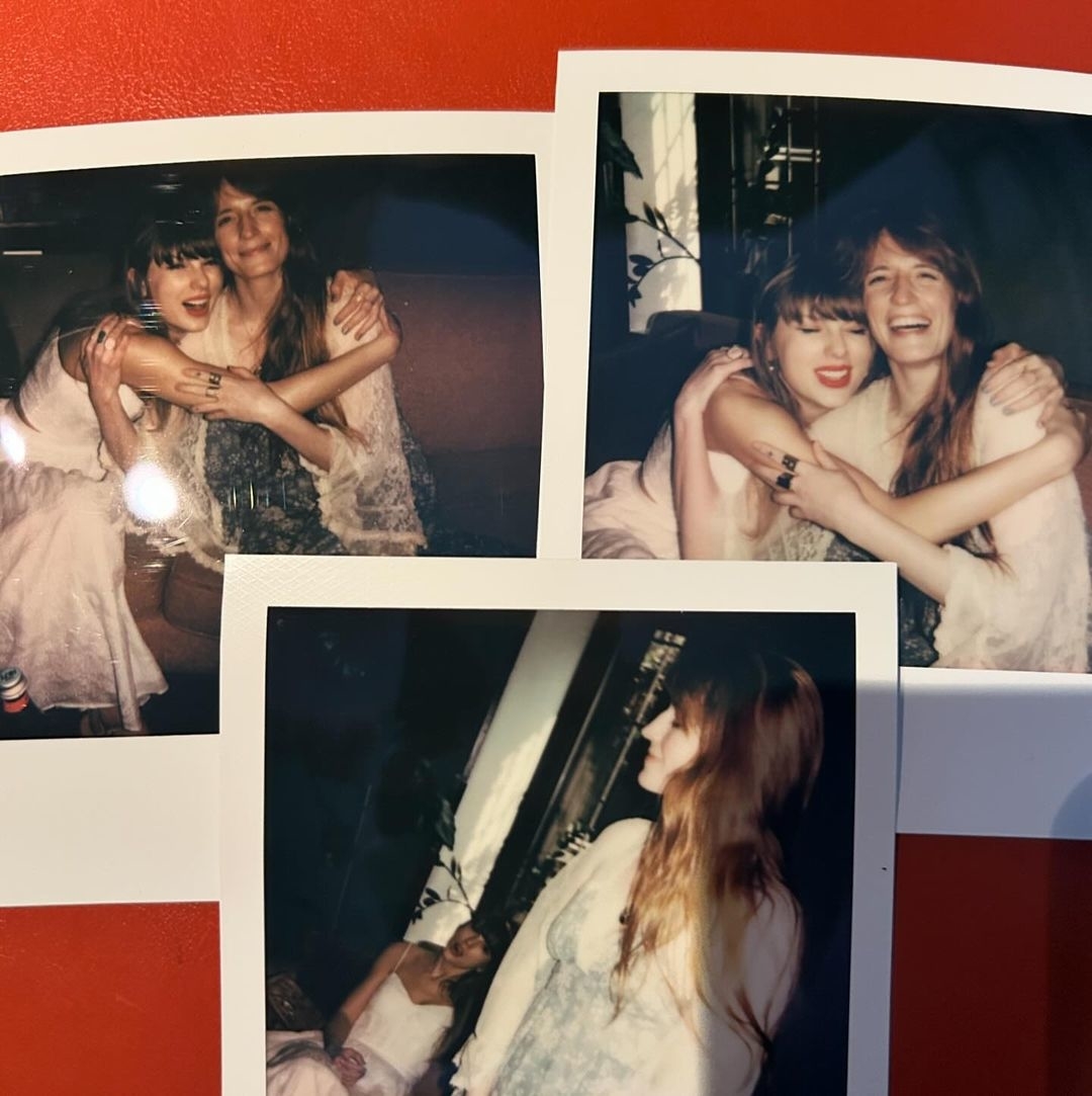 Taylor Swift embracing Florence Welch, both smiling, in a series of candid Polaroid photos