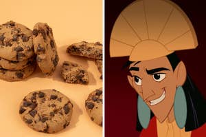 Stack of chocolate chip cookies; animated character Kuzco from "The Emperor's New Groove" smiling