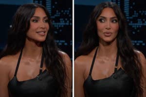 Kim Kardashian in a black outfit on a talk show, looking to the side and then at the camera