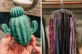 Left: A hand holding a cactus-shaped dryer ball. Right: Various leggings hung on a rack
