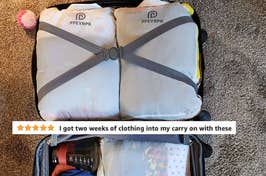 compression bags used in a suitcase with a 5 star review saying "I got two weeks of clothing into my carry-on with these"