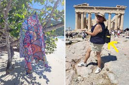Left: floral print beach towel hanging on tree branch in beach. Right: Tourist in casual attire posing in front of ancient ruins