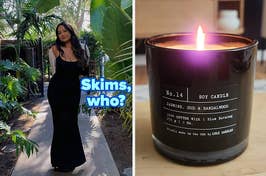 reviewer in black fitted dress / reviewer's lit candle