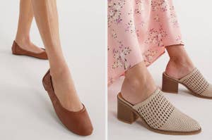 The gold heels and the woven mules