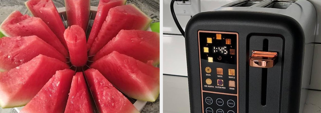 Sliced watermelon on a counter; digital toaster