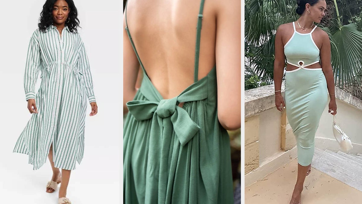 Three women showcasing summer dresses, one striped with buttons, one mint with cutouts, and one green with a back bow