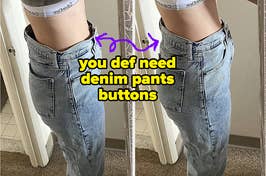 reviewers jeans with space in waistband and then same reviewers jeans tighter with button pins