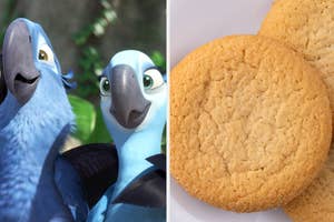 Two animated birds looking happy; a plate with three cookies