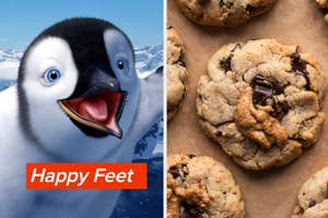 Left: Animated character baby penguin from Happy Feet. Right: Close-up of chocolate chip cookies on parchment