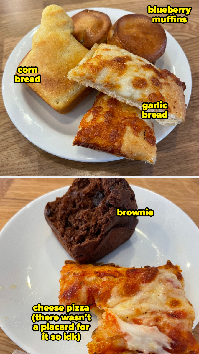 Assorted bakery items including muffins and breads, and a slice of pizza with a brownie, labeled by handwritten notes