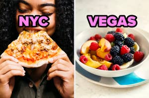 Woman eating pizza labeled NYC; bowl of fruit labeled VEGAS. Comparison of food options