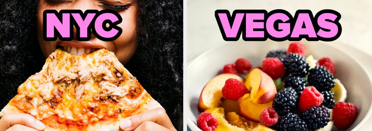 Woman eating pizza labeled NYC; bowl of fruit labeled VEGAS. Comparison of food options