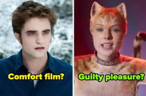 Edward from Twilight on the left and the character from the film Cats on the right, both with captions posing questions