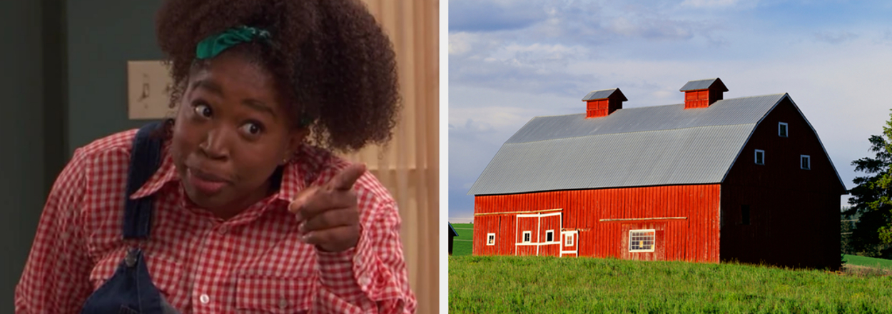 Split image: Left - Kimmy from 'Full House' with thumbs up; Right - Red barn in green field