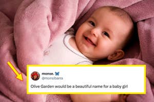 Smiling baby wrapped in pink blanket with tweet suggesting "Olive Garden" as a baby girl name