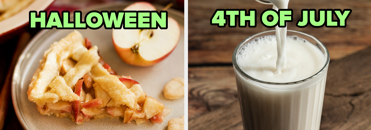 Split image: Left shows an apple pie with text "HALLOWEEN," right is milk being poured into a glass with "4TH OF JULY."