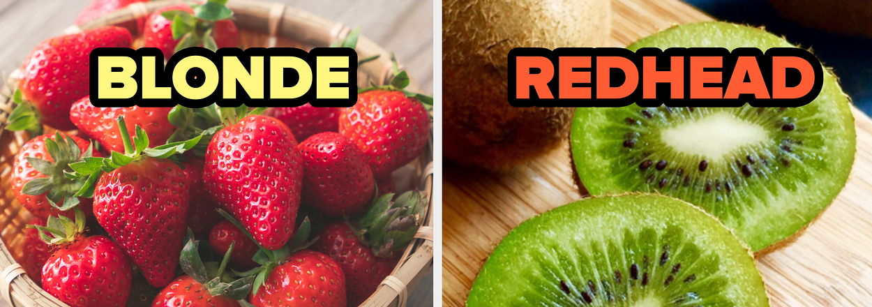 Image of strawberries with the word "BLONDE" and sliced kiwi with "REDHEAD" written across