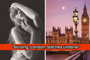 Left: Person posing with hand on head. Right: Night view of Big Ben with text "So long, London, stitches undone"