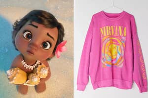 Animated character Moana as a child, looking upwards. Right: Pink sweater with 'Nirvana' band logo