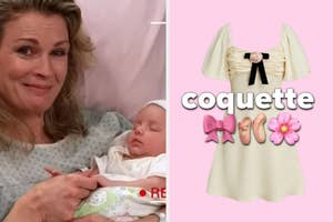 Woman holding a baby next to an illustrated pink dress with the word "coquette" and flower emojis