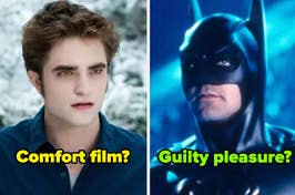 Edward from Twilight on the left, Batman on the right with text asking about film preferences