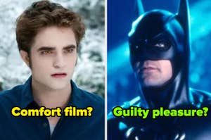 Edward from Twilight on the left, Batman on the right with text asking about film preferences