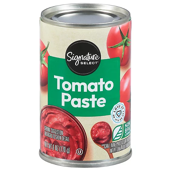 Can of Signature Select Tomato Paste with product details and brand logo