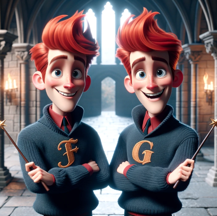 Animated characters Fred and George Weasley in Hogwarts attire holding wands