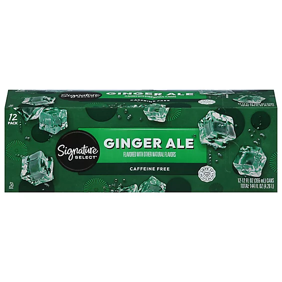 Packaging of Signature Select Ginger Ale 12-pack, caffeine-free, flavored with other natural flavors