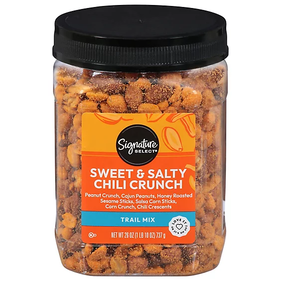 Jar of Signature Select Sweet &amp;amp; Salty Chili Crunch trail mix on white background